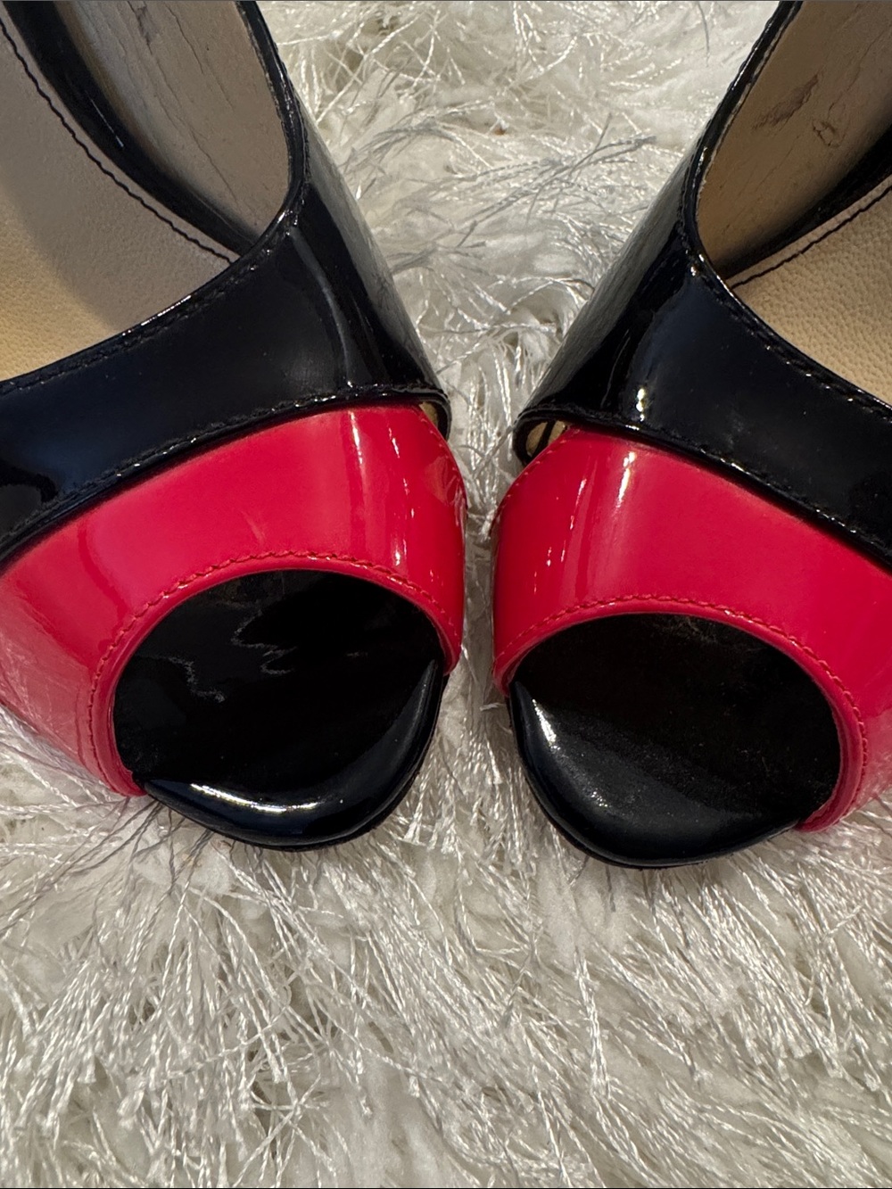 Women’s Patent Peep-Toe Block Heel Pumps - Black, Deep Purple Heel, and Hot Pink - Picture 11 of 14